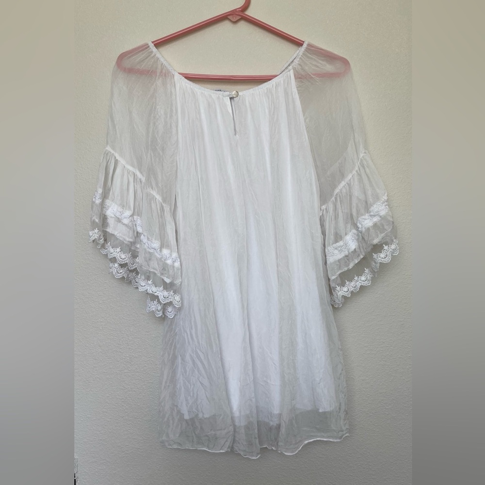 Tempo Paris Sheer White Blouse with Lace Sleeves